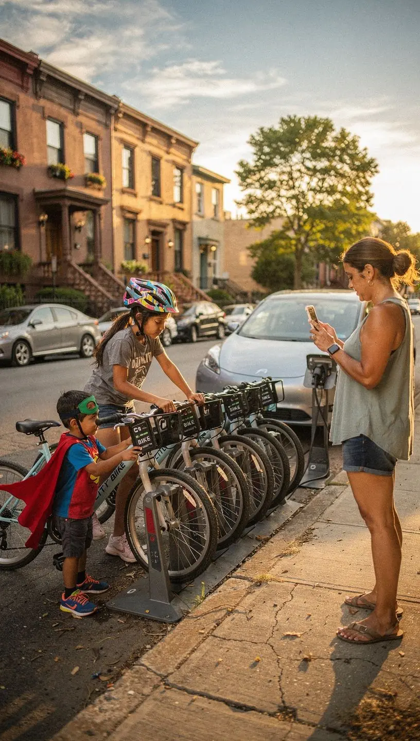Electric vehicle charging station in urban neighborhood setting.