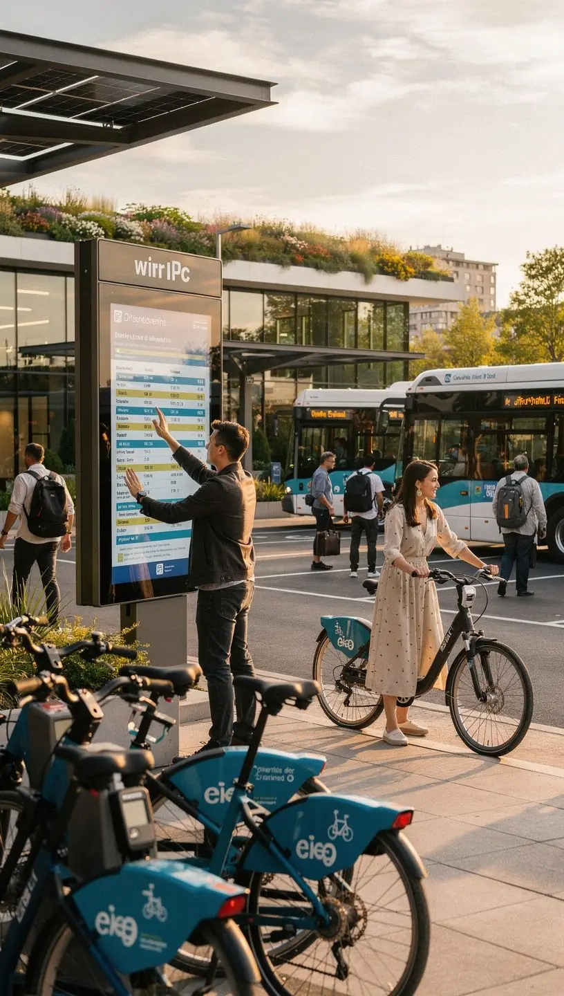 Smart streetlights illuminating a modern urban neighborhood.